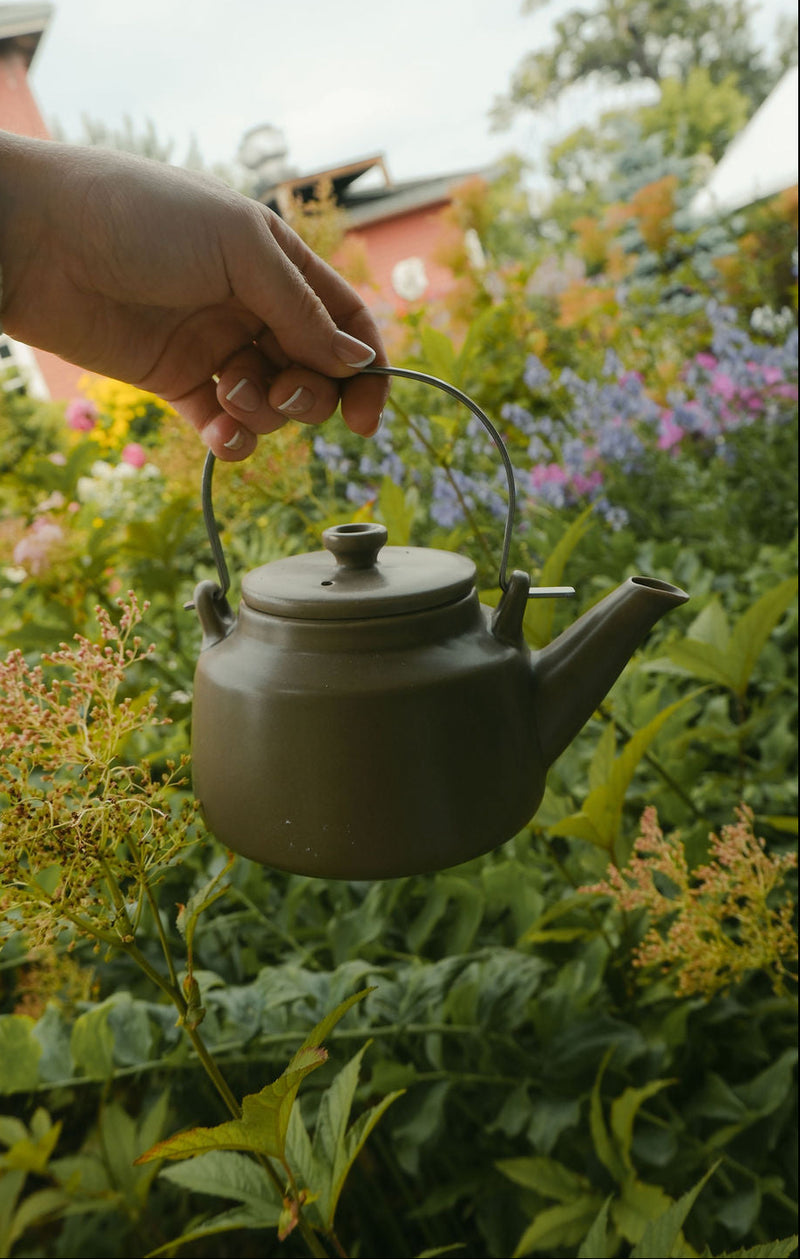 Brown Japanese Porcelain Teapot with Metal Handle and Mesh Strainer