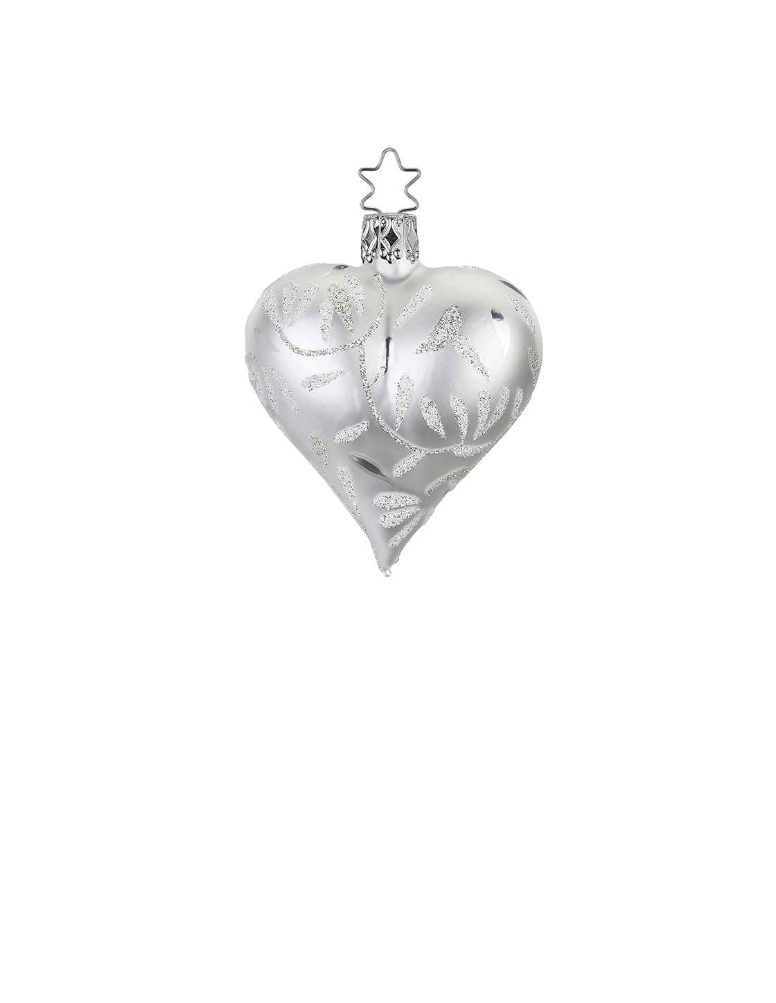 Silver Vine Heart — Silver heart-shaped ornament with hand-painted glitter vine motif, handmade in Lauscha, Germany.