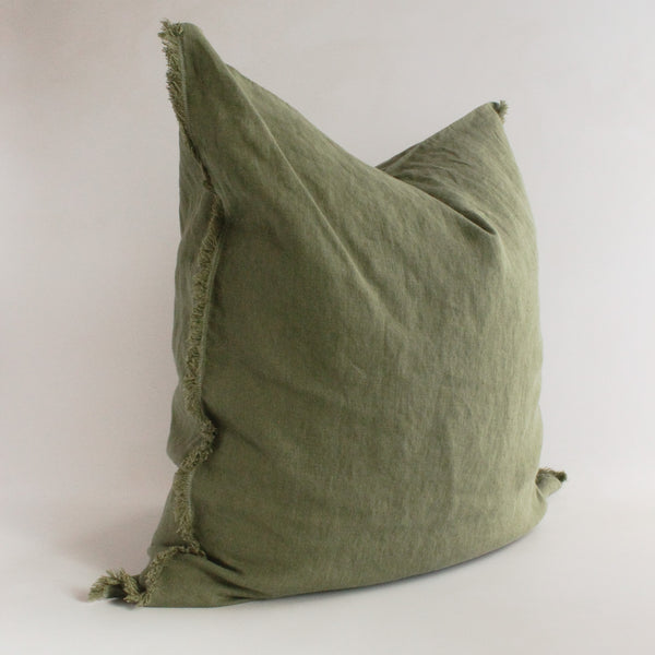 Linen Cushion Cover Olive Fringe 26x26