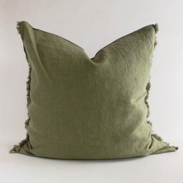Linen Cushion Cover Olive Fringe 26x26