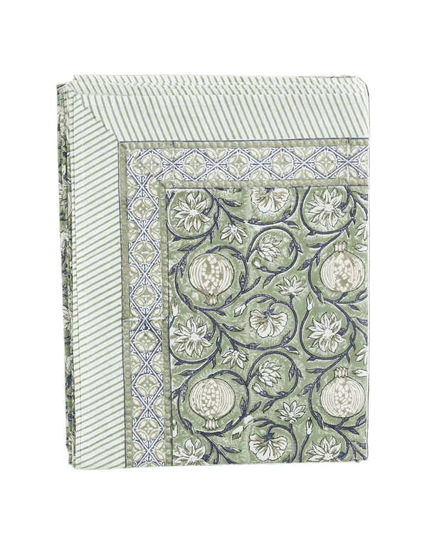 Tangier Green Cotton Block Print Tablecloth - Faire Living