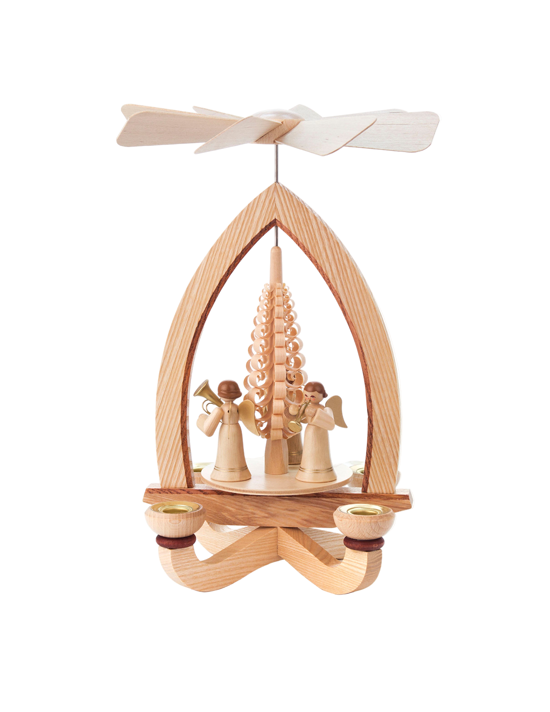 Wooden candle pyramid with trumpeting angels and gold-painted details, Seiffen craftsmanship.