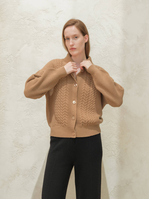 Italian Cashmere Polo Cardigan in Caramel