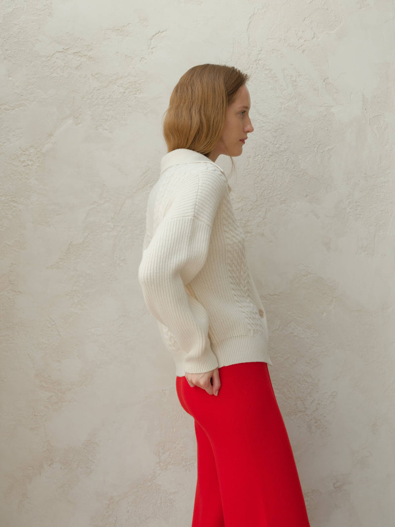 Italian Cashmere Polo Cardigan in White