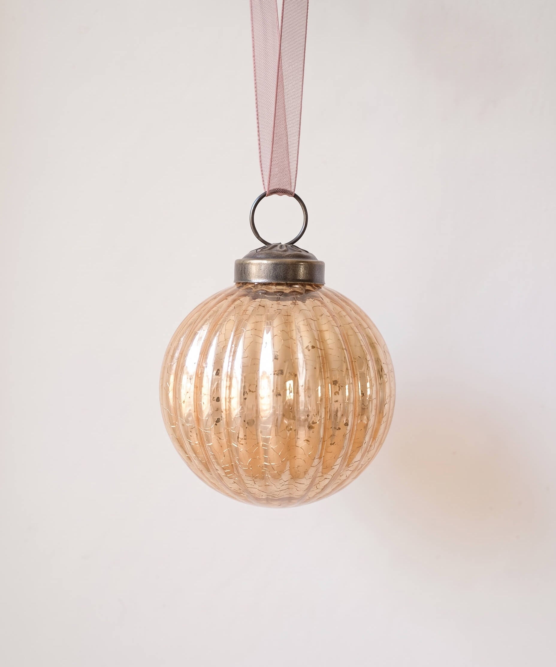 2 inch champagne gold ribbed glass Christmas bauble with a bronze cap and ribbon hanger, made in India