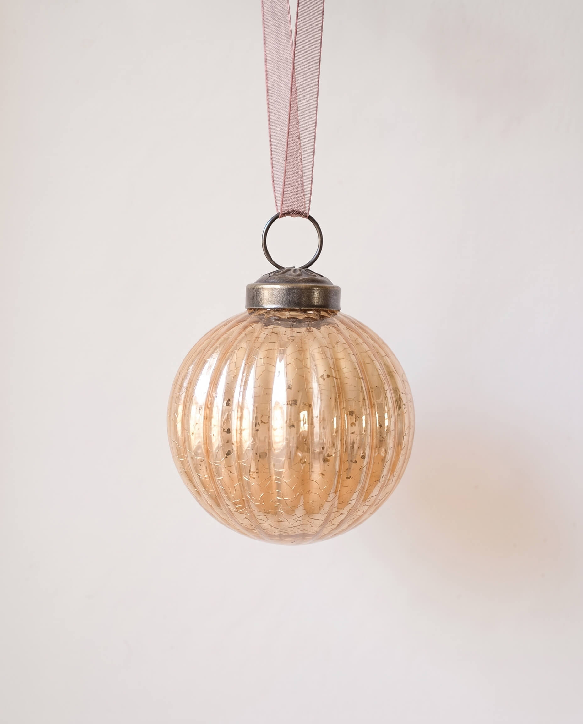 2 inch champagne gold ribbed glass Christmas bauble with a bronze cap and ribbon hanger, made in India