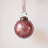 2 inch mauve crackle glass Christmas bauble with a bronze cap and ribbon hanger, made in India
