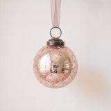 2 inch rose crackle glass Christmas bauble with a bronze cap and ribbon hanger, made in India