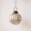2 inch silver ribbed glass Christmas bauble with a bronze cap and ribbon hanger, made in India