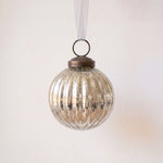 2 inch silver ribbed glass Christmas bauble with a bronze cap and ribbon hanger, made in India