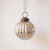 2 inch silver ribbed glass Christmas bauble with a bronze cap and ribbon hanger, made in India