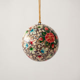 2 inch turquoise papier-mache Christmas ornament hand-painted with pink Kashmiri florals