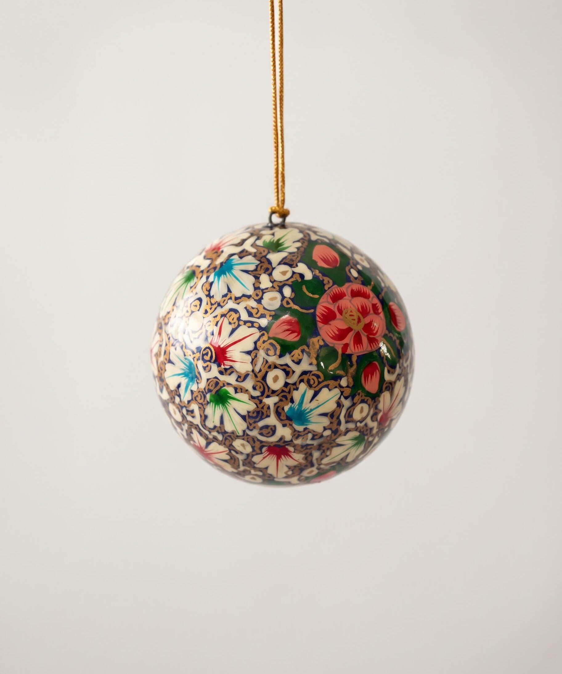 2 inch turquoise papier-mache Christmas ornament hand-painted with pink Kashmiri florals