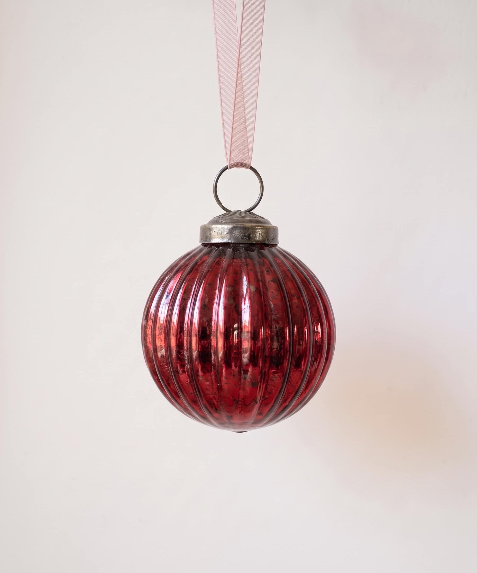 2 inch deep wine ribbed glass Christmas bauble with a bronze cap and ribbon hanger, made in India