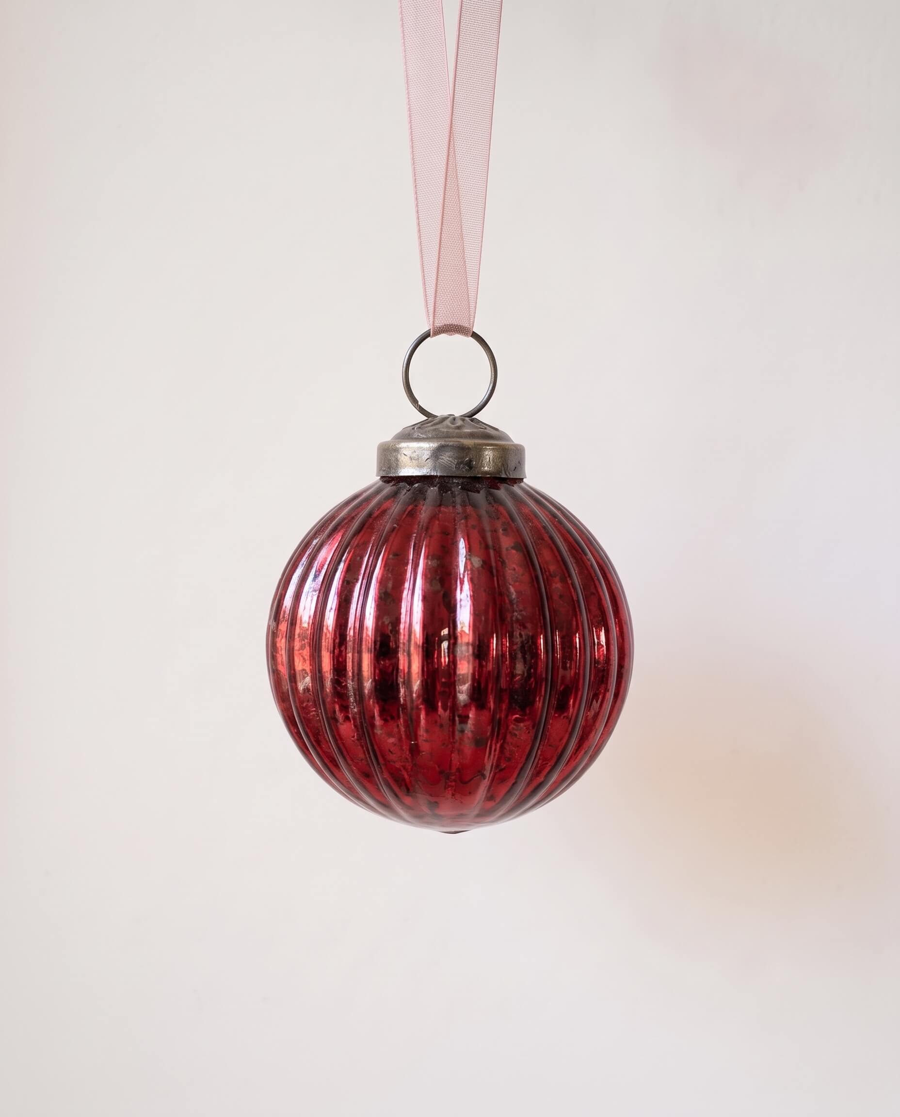 2 inch deep wine ribbed glass Christmas bauble with a bronze cap and ribbon hanger, made in India