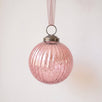 3 inch mauve ribbed glass Christmas bauble with a bronze cap and ribbon hanger, made in India