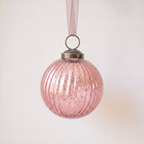 3 inch mauve ribbed glass Christmas bauble with a bronze cap and ribbon hanger, made in India