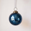 3 inch deep navy crackle glass Christmas bauble with a bronze cap and ribbon hanger, made in India