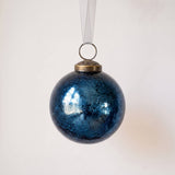 3 inch deep navy crackle glass Christmas bauble with a bronze cap and ribbon hanger, made in India