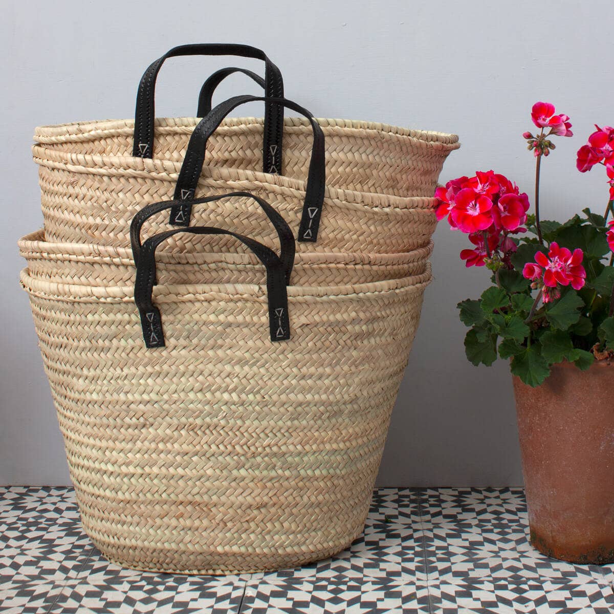 Black Leather Handled French Basket - Faire Living