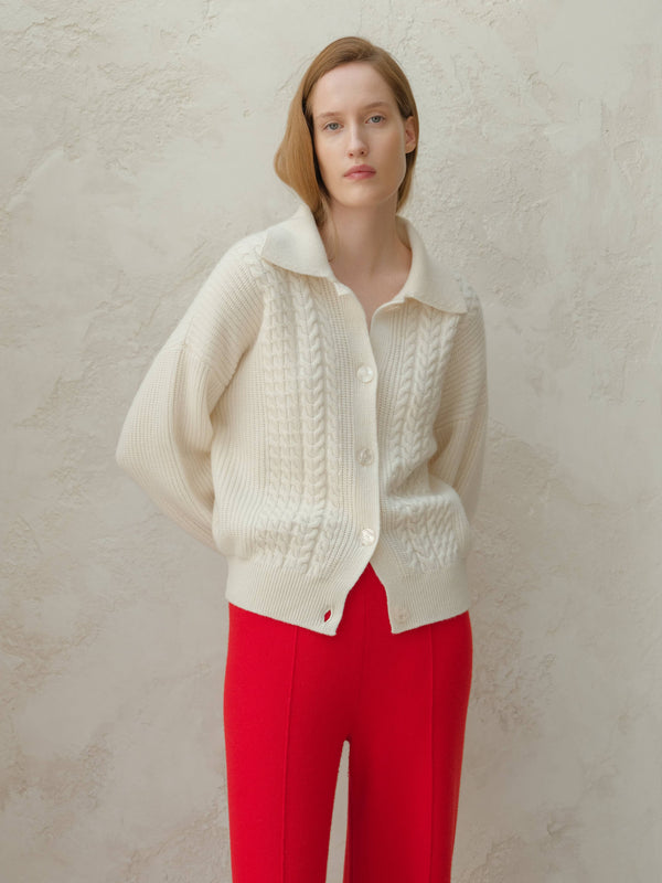 Italian Cashmere Polo Cardigan in White