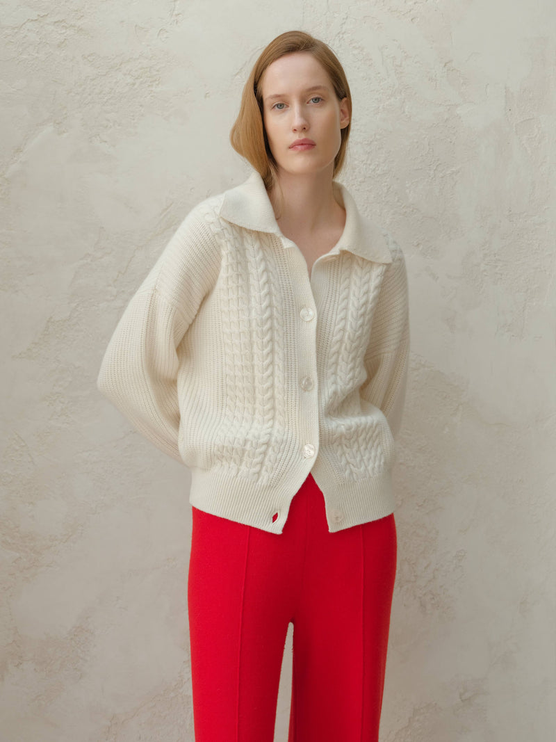 Italian Cashmere Polo Cardigan in White