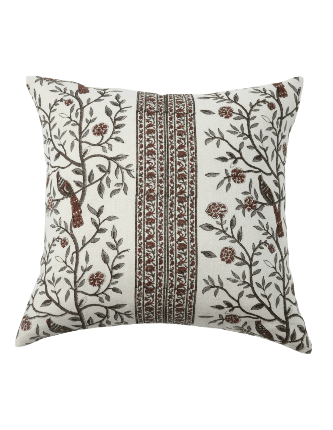 block print linen cushion cover bird vine stripe rust handmade india