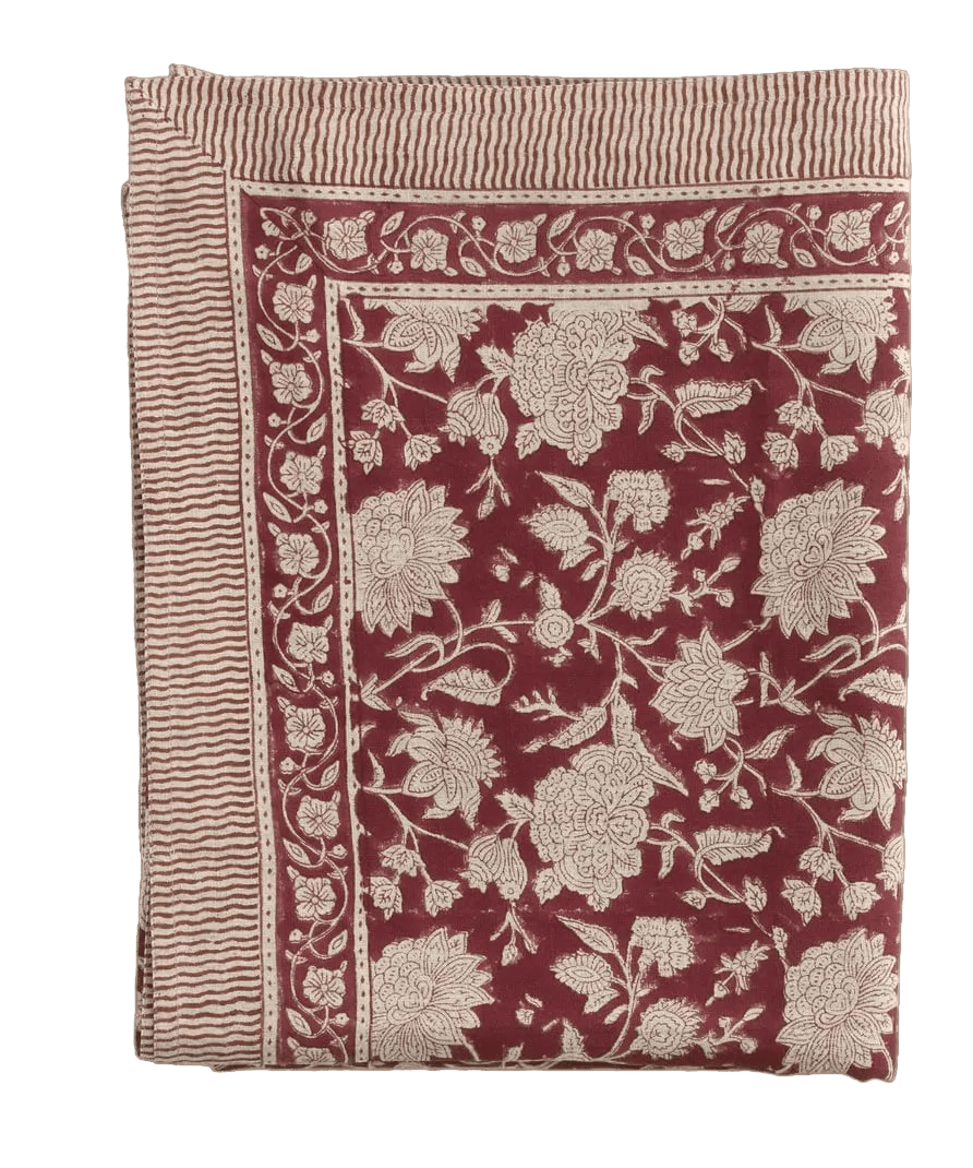 Ruby Hand Block Printed Pure Linen Tablecloth - Faire Living