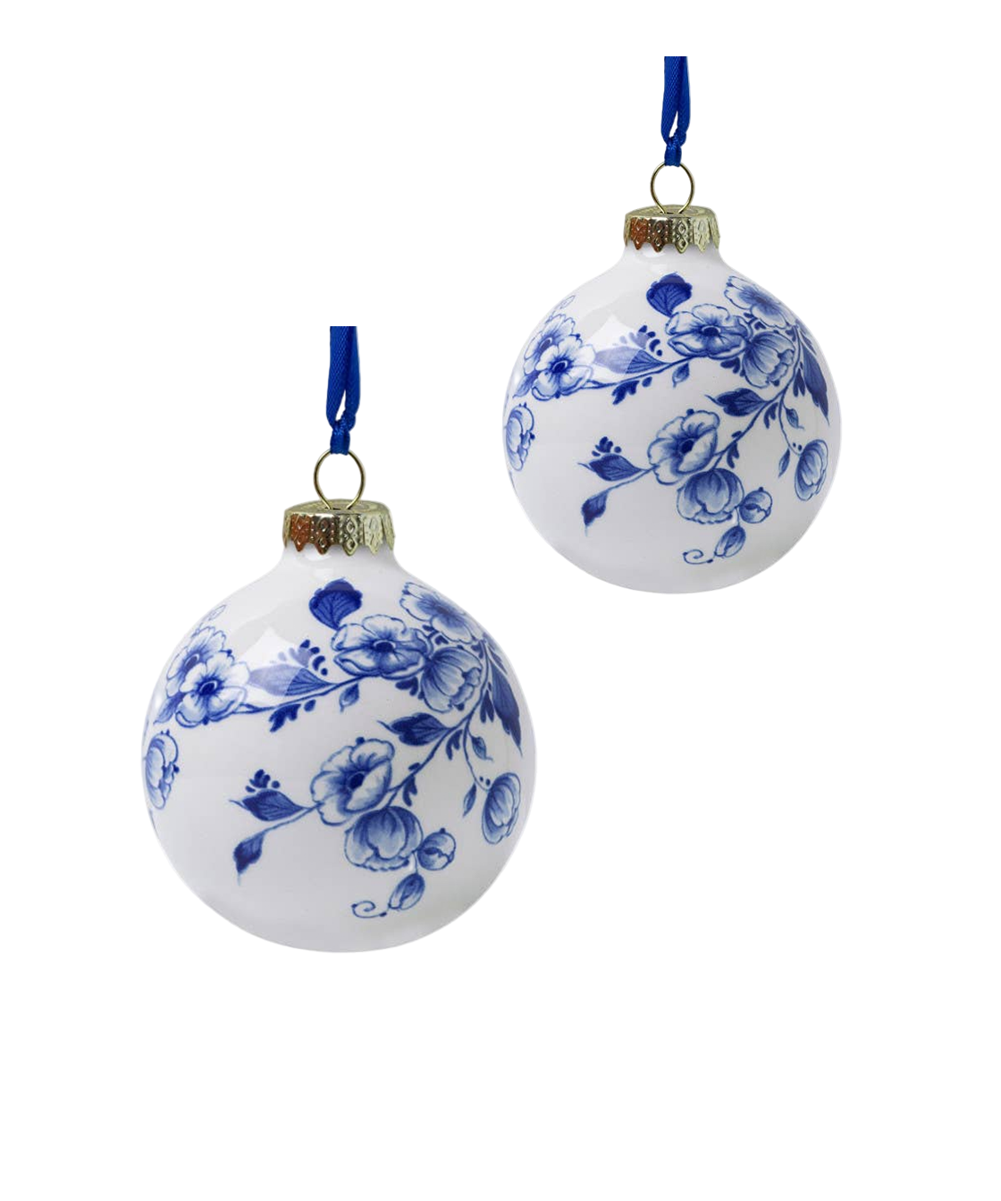 Large hand-painted Delft Blue floral porcelain Christmas ball with blue ribbon