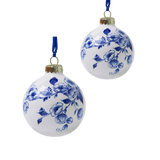 Large hand-painted Delft Blue floral porcelain Christmas ball with blue ribbon