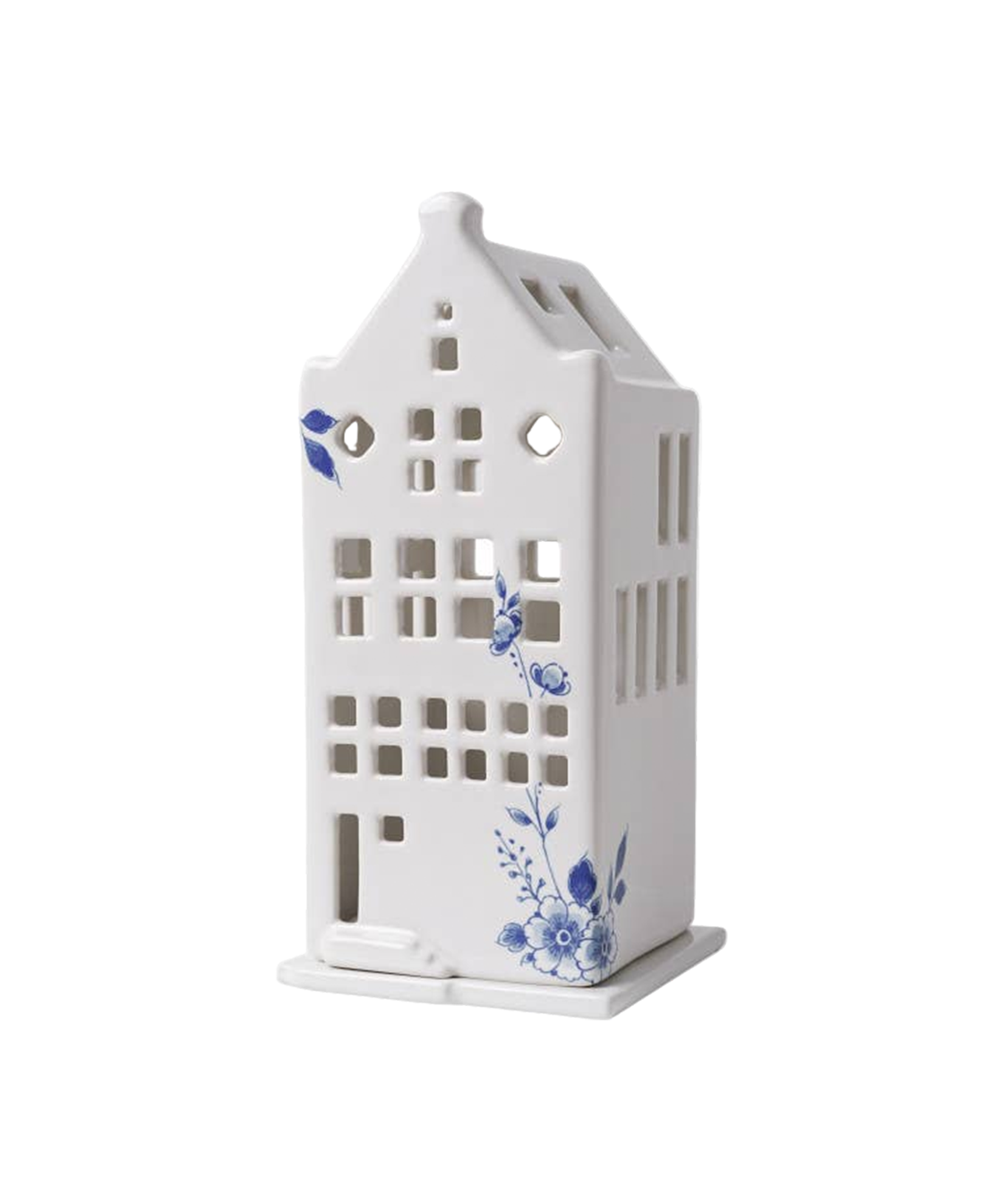 Hand-painted Delft Blue floral house porcelain tealight holder with blue ribbon