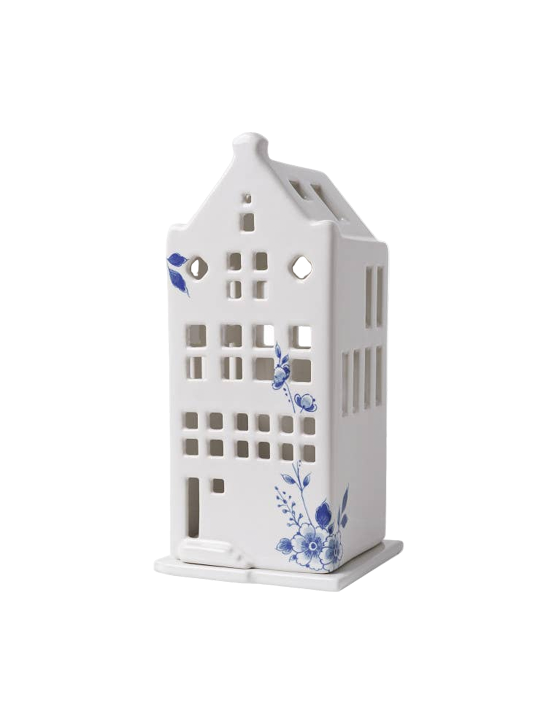 Hand-painted Delft Blue floral house porcelain tealight holder with blue ribbon