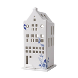 Hand-painted Delft Blue floral house porcelain tealight holder with blue ribbon