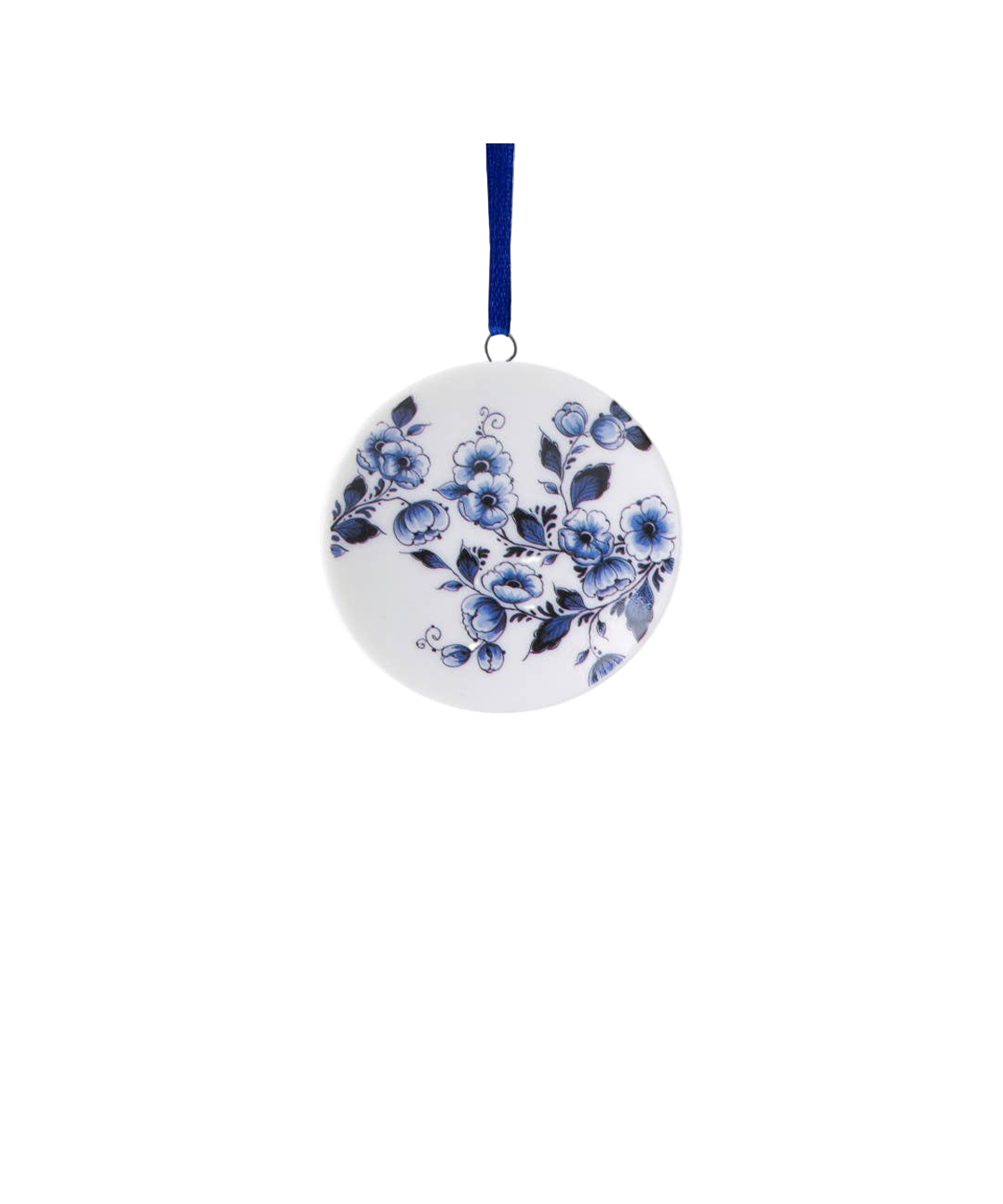 Hand-painted Delft Blue floral porcelain plate disc ornament with blue ribbon
