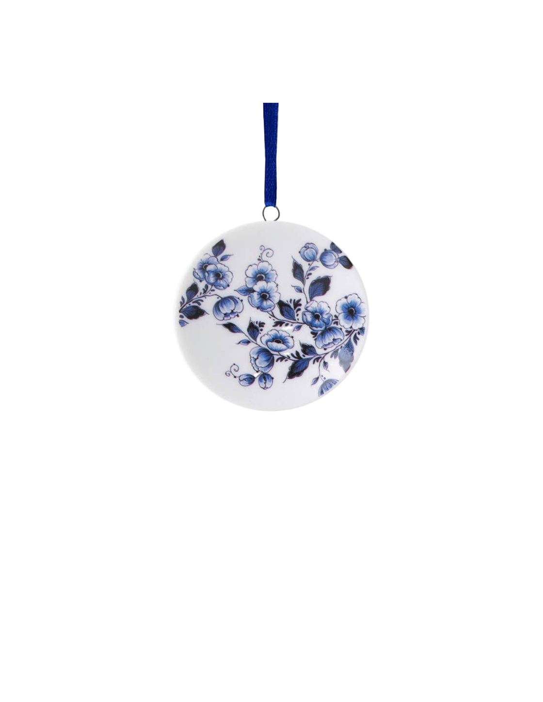 Hand-painted Delft Blue floral porcelain plate disc ornament with blue ribbon