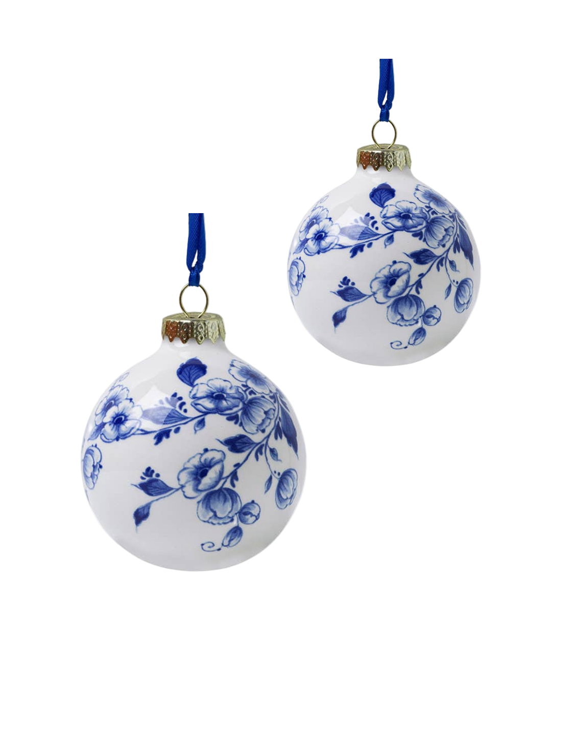 Hand-painted Delft Blue floral porcelain mitten ornament with blue ribbon
