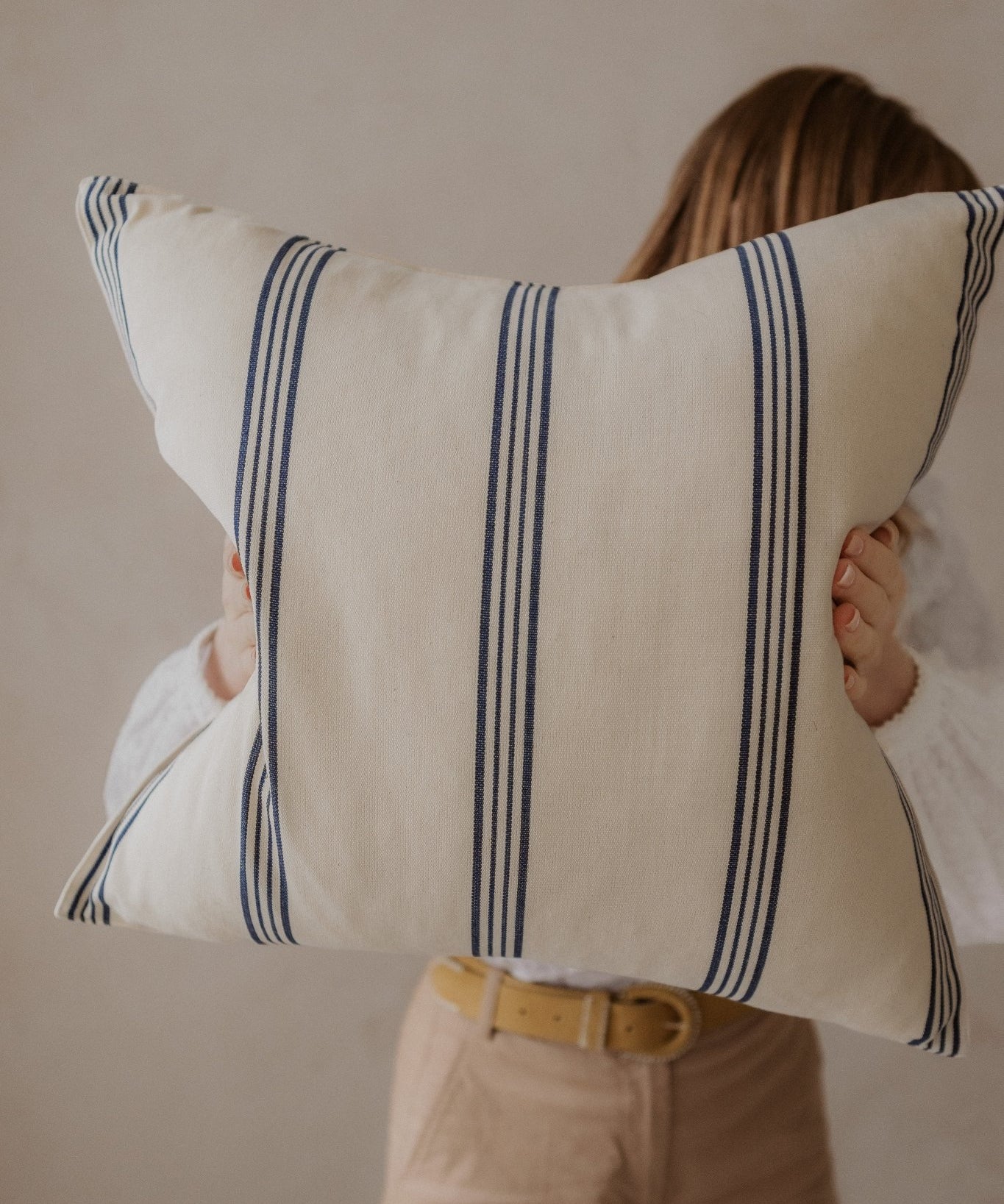 Navy Stripe Handwoven Cotton Cushion - Faire Living