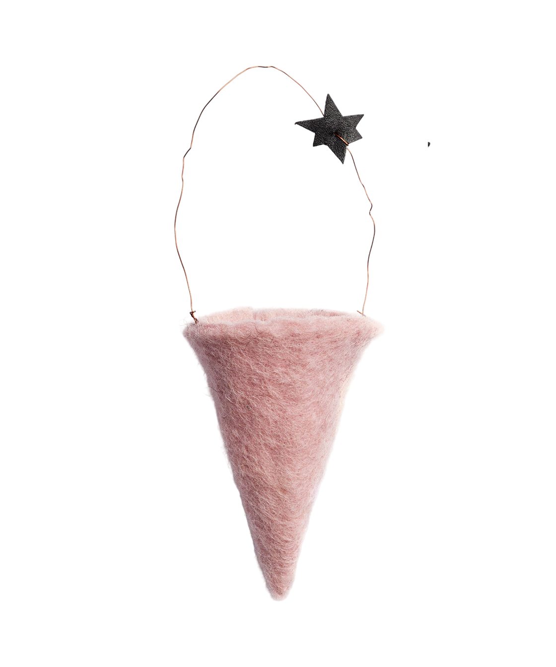 Pink hand-felted wool cone ornament with star accent, designed in Denmark and Fair Trade made in India.