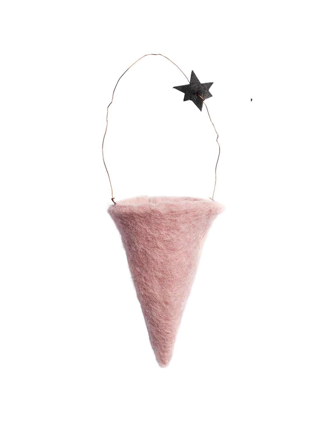 Pink hand-felted wool cone ornament with star accent, designed in Denmark and Fair Trade made in India.