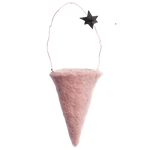 Pink hand-felted wool cone ornament with star accent, designed in Denmark and Fair Trade made in India.
