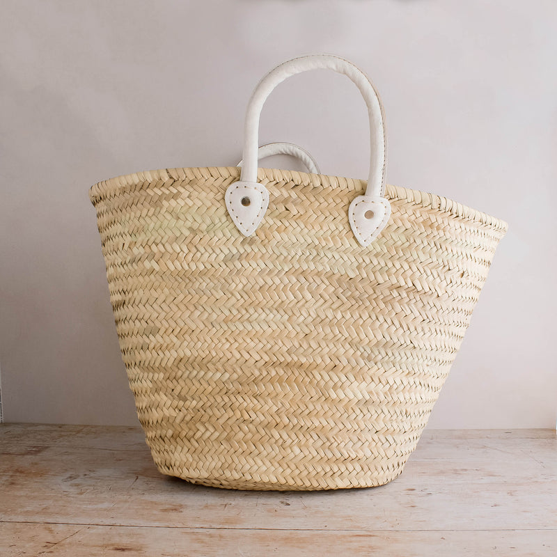 Leather Handled French Basket in White