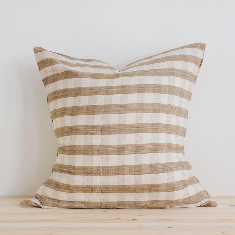 20" Greige Gingham Handwoven Cotton Cushion Cover