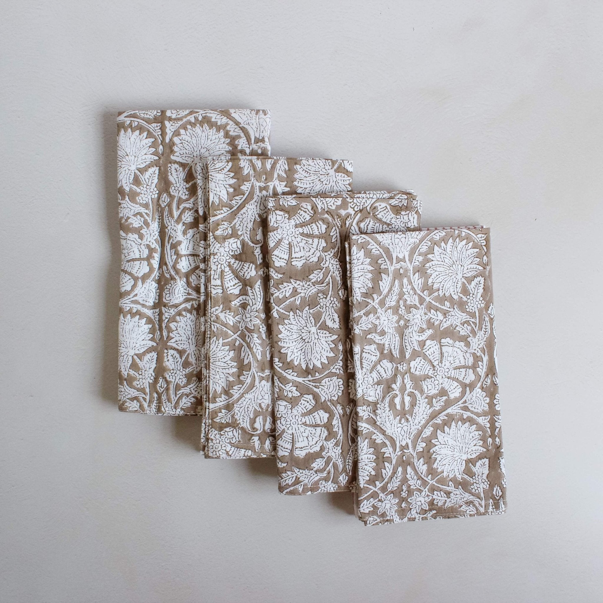 Brown Floral Hand Block Print Cotton Napkin Set 4 - Faire Living