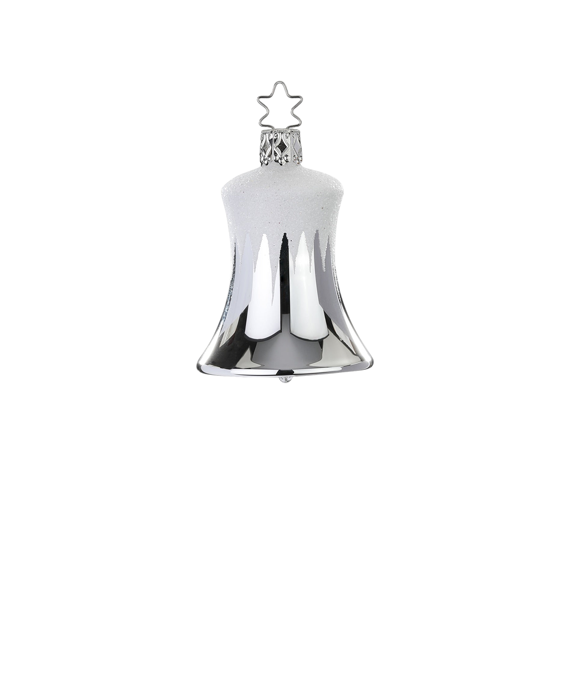 Frosted Bell — Silver frosted glass bell ornament with white glitter tip, hand-painted by Inge-Glas® artisans.