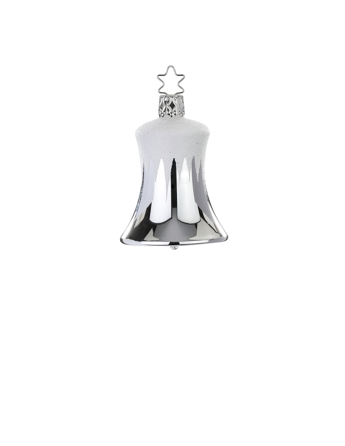 Frosted Bell — Silver frosted glass bell ornament with white glitter tip, hand-painted by Inge-Glas® artisans.