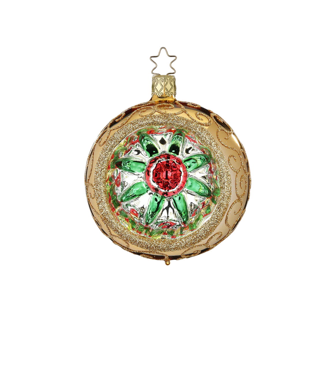 Holly Reflector — Red, green, and gold reflector glass ornament with gold glitter rim, handmade by Inge-Glas® Germany.