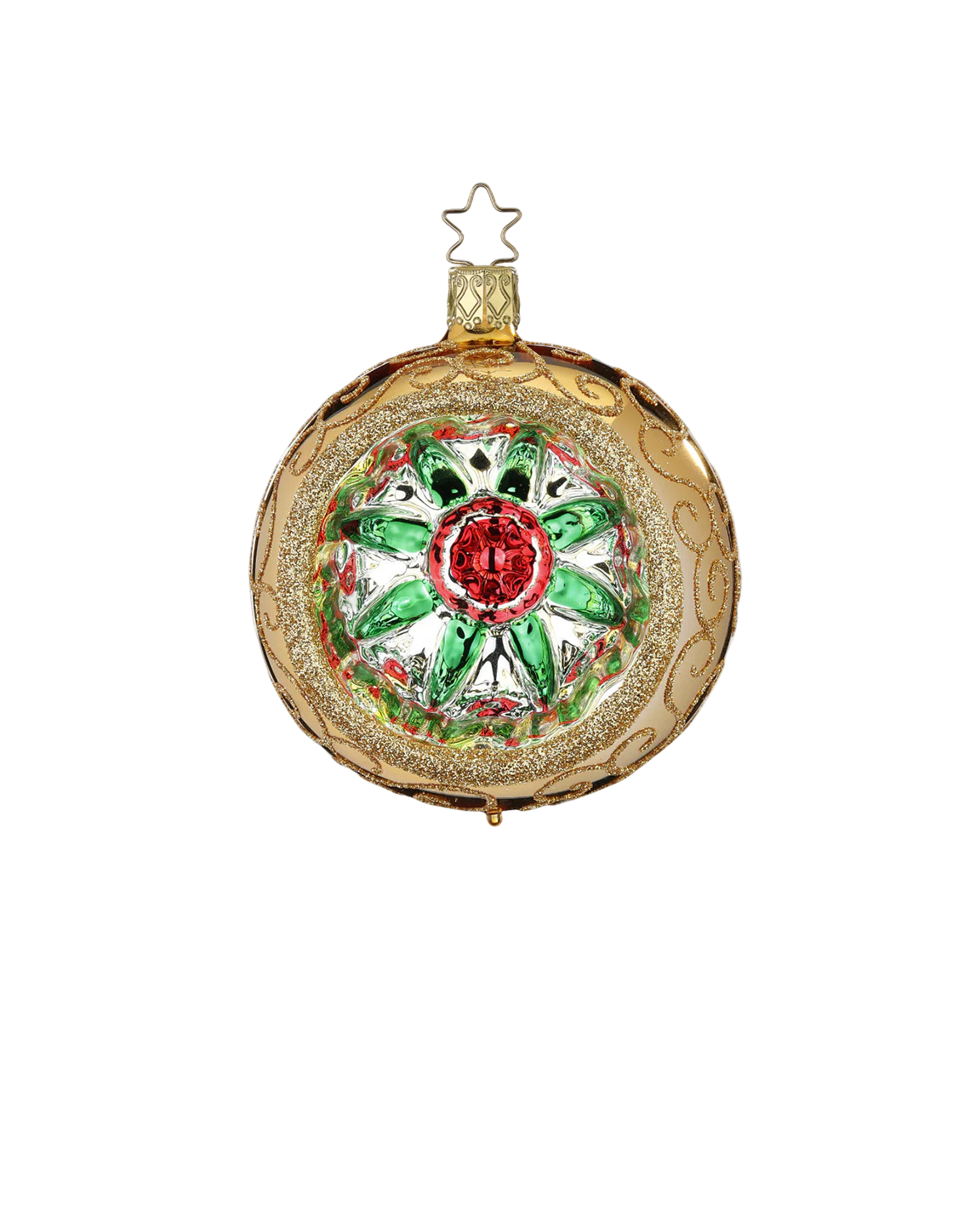 Holly Reflector — Red, green, and gold reflector glass ornament with gold glitter rim, handmade by Inge-Glas® Germany.