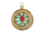 Holly Reflector — Red, green, and gold reflector glass ornament with gold glitter rim, handmade by Inge-Glas® Germany.