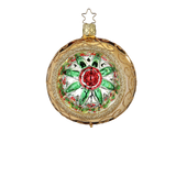 Holly Reflector — Red, green, and gold reflector glass ornament with gold glitter rim, handmade by Inge-Glas® Germany.