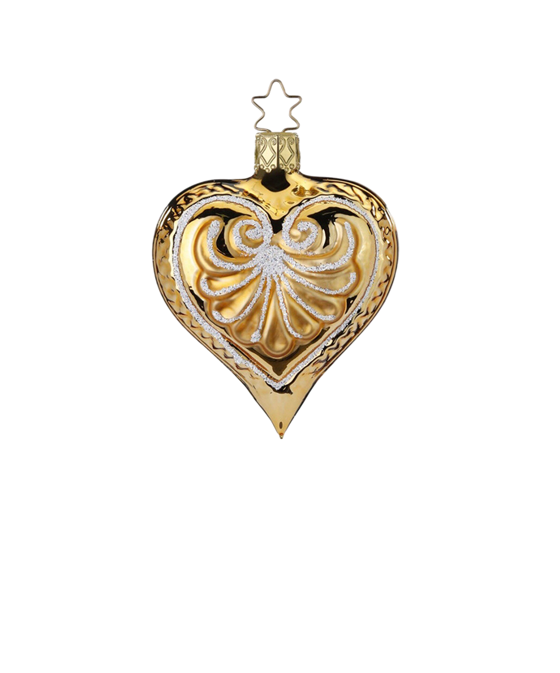 Victorian Heart — Antique gold heart ornament with frosted glitter finish, hand-silvered by Inge-Glas® Germany.